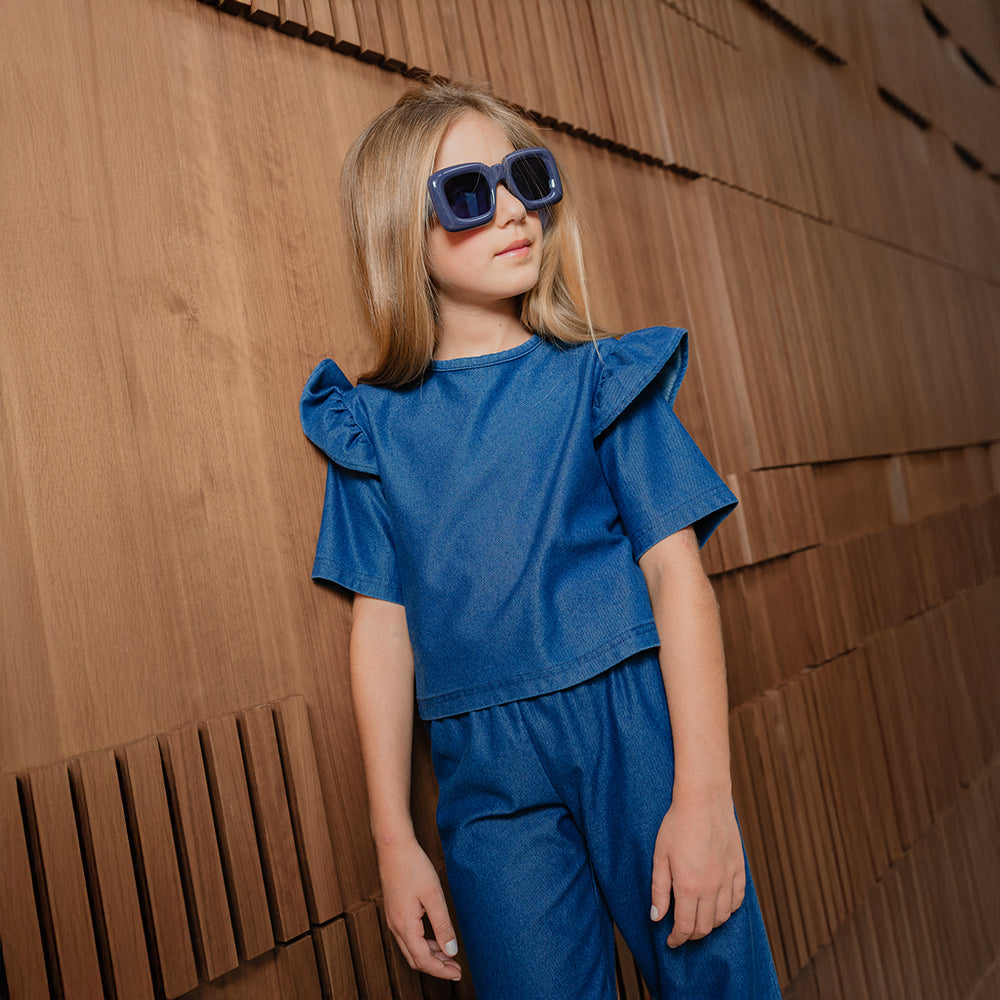 Pantalón De Chambray Con Elástico En La Cintura Para Niña