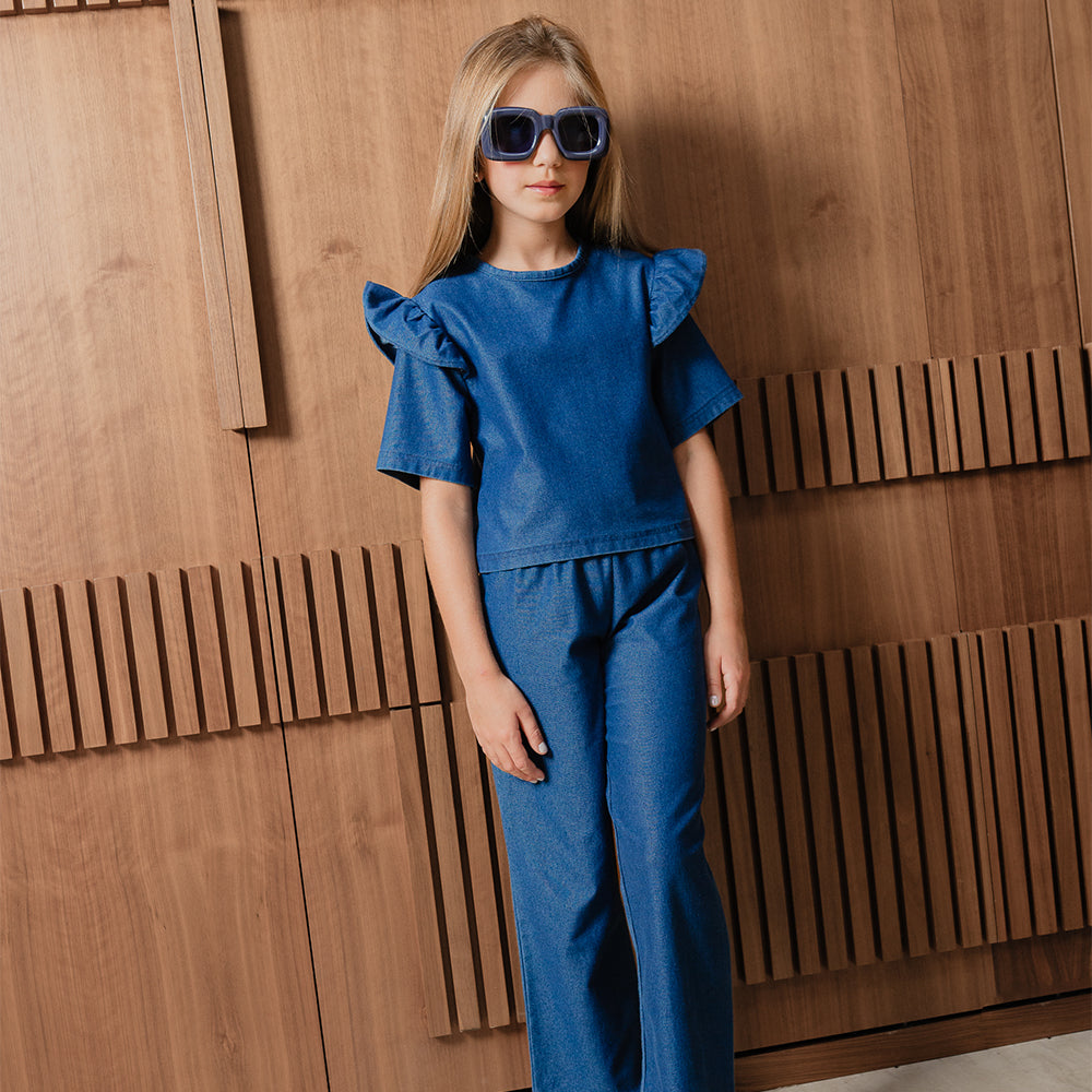 Pantalón De Chambray Con Elástico En La Cintura Para Niña
