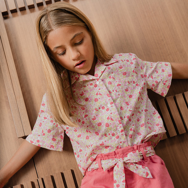 Blusa De Popelina Manga Corta Con Estampado Floral Para Niña