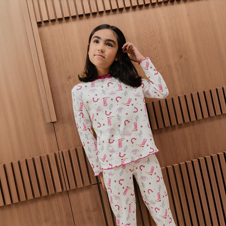Pijama De Algodón Crema Con Estampado Vaquero Para Niña