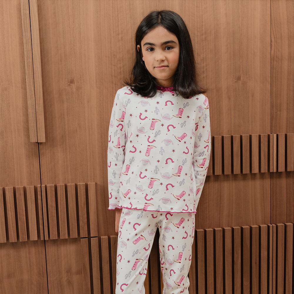 Pijama De Algodón Crema Con Estampado Vaquero Para Niña