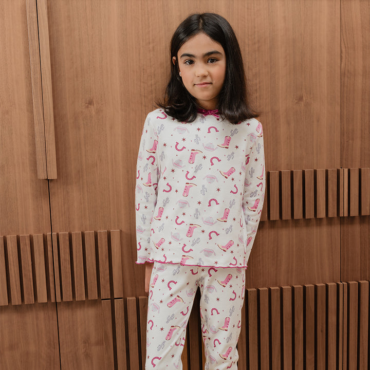 Pijama De Algodón Crema Con Estampado Vaquero Para Niña