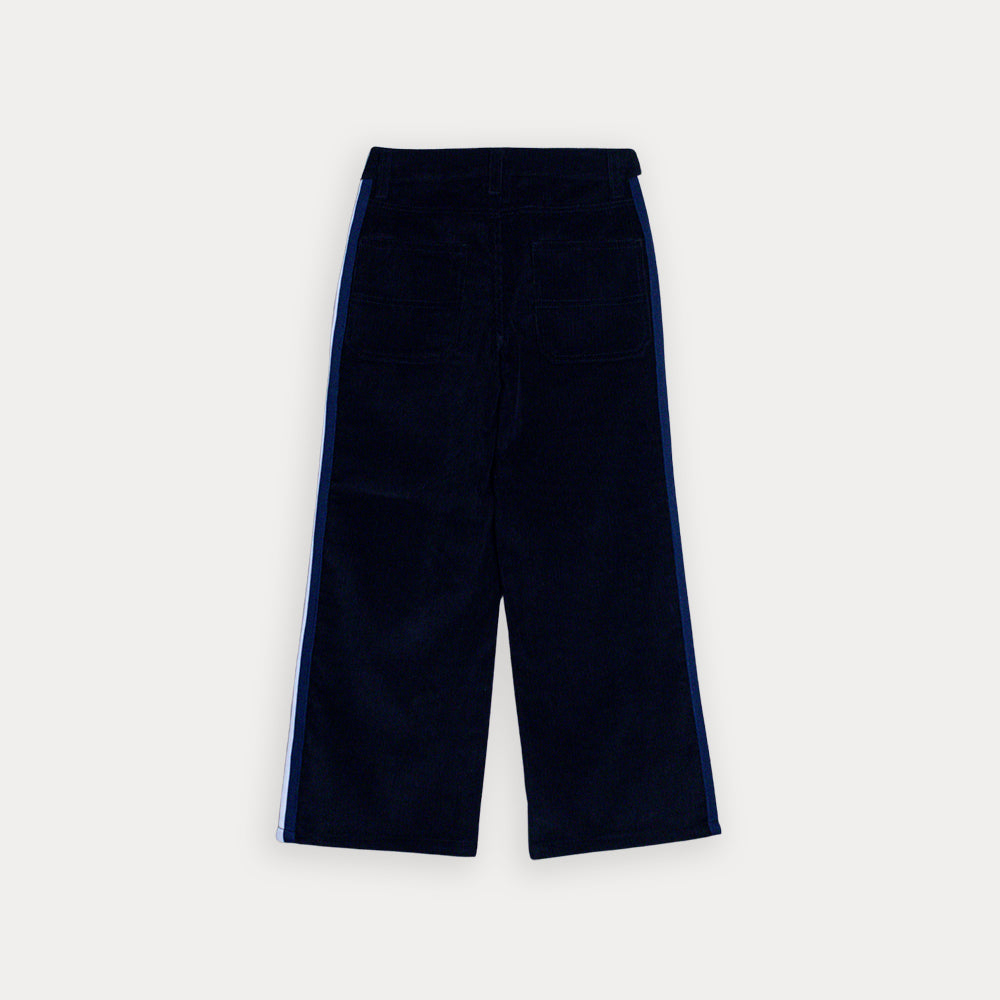 Pantalón De Corduroy Negro Con Cintas Laterales En Crema Y Azul Marino Para Niña