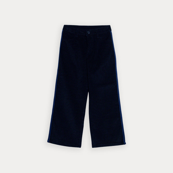 Pantalón De Corduroy Negro Con Cintas Laterales En Crema Y Azul Marino Para Niña