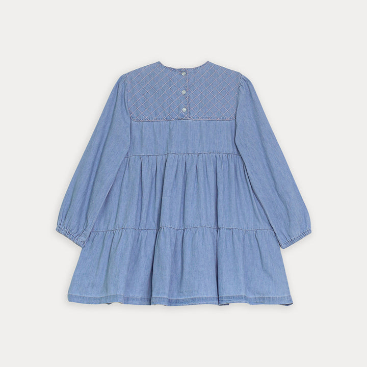 Vestido de Jean Celeste Manga Larga con detalles bordados en Rosado para Niña
