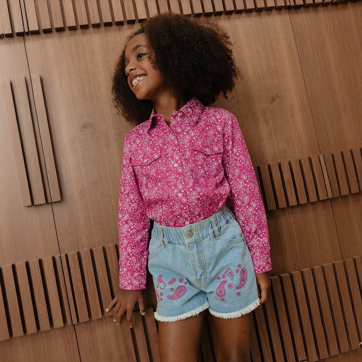 Camisa De Flannel Twill Fucsia Con Estampado De Bacterias Blanco Para Niña