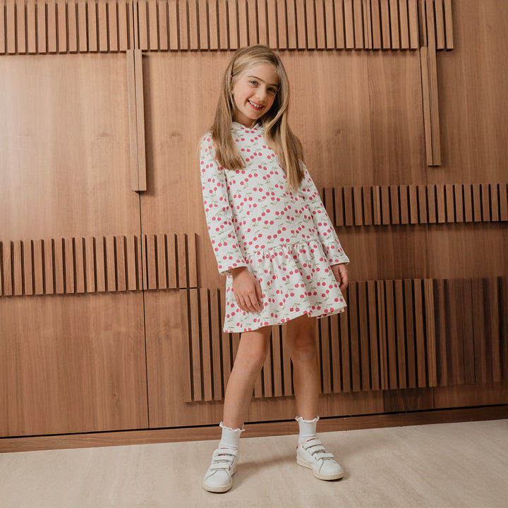 Vestido Suéter De Algodón Crema Con Estampado De Cerezas Para Niña
