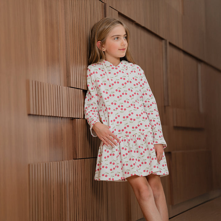 Vestido Suéter De Algodón Crema Con Estampado De Cerezas Para Niña