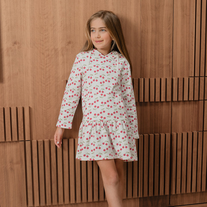 Vestido Suéter De Algodón Crema Con Estampado De Cerezas Para Niña