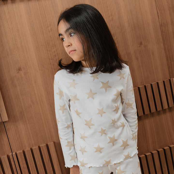 Pijama De Algodón Blanco Con Estampado De Estrellas Metálicas Para Niña