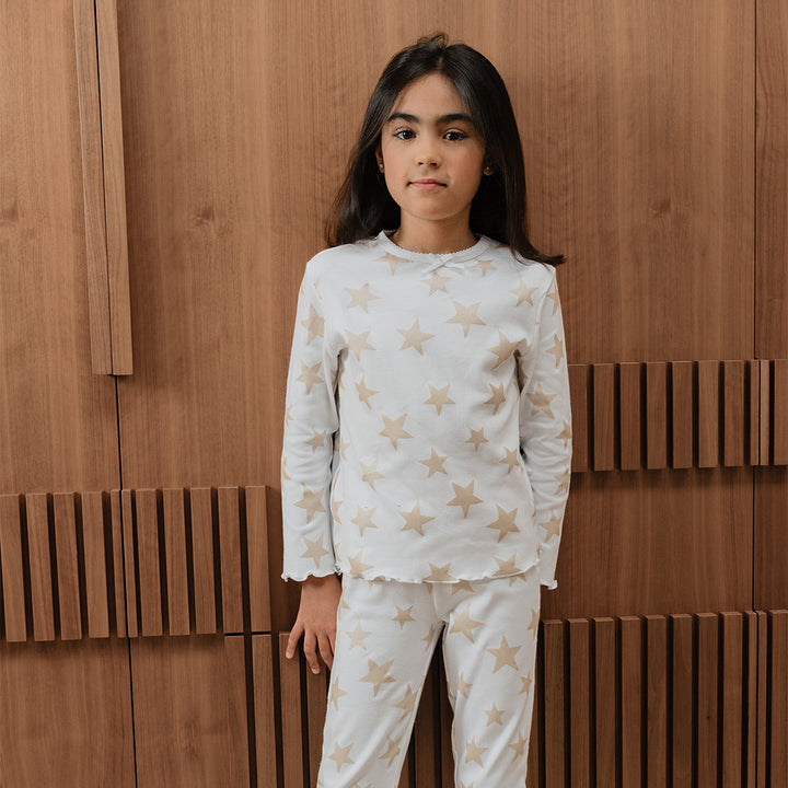 Pijama De Algodón Blanco Con Estampado De Estrellas Metálicas Para Niña