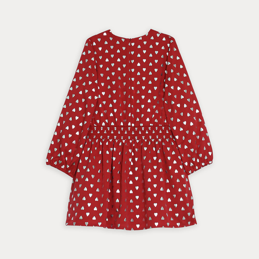 Vestido De Tela Ligera Rojo Con Estampado De Corazones Plateado Metálico Para Niña