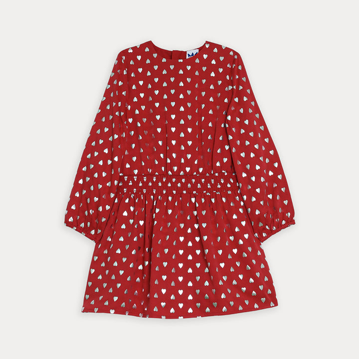 Vestido De Tela Ligera Rojo Con Estampado De Corazones Plateado Metálico Para Niña
