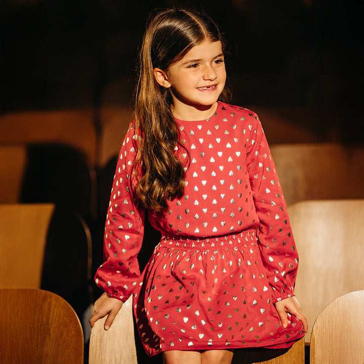 Vestido De Tela Ligera Rojo Con Estampado De Corazones Plateado Metálico Para Niña