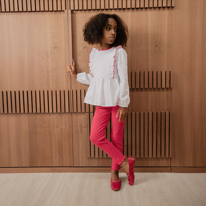 Legging De Algodón Rojo Con Estampado De Corazones Blancos Para Niña