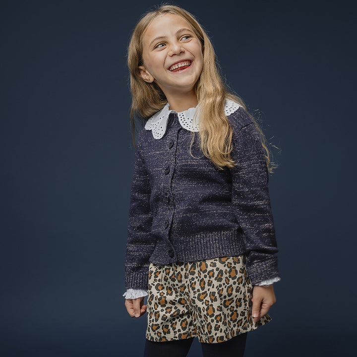 Cardigan De Algodón Tejido Azul Marino Con Detalle De Hilos Dorados Para Niña