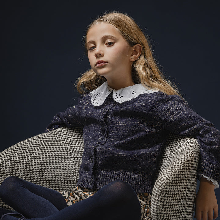 Cardigan De Algodón Tejido Azul Marino Con Detalle De Hilos Dorados Para Niña