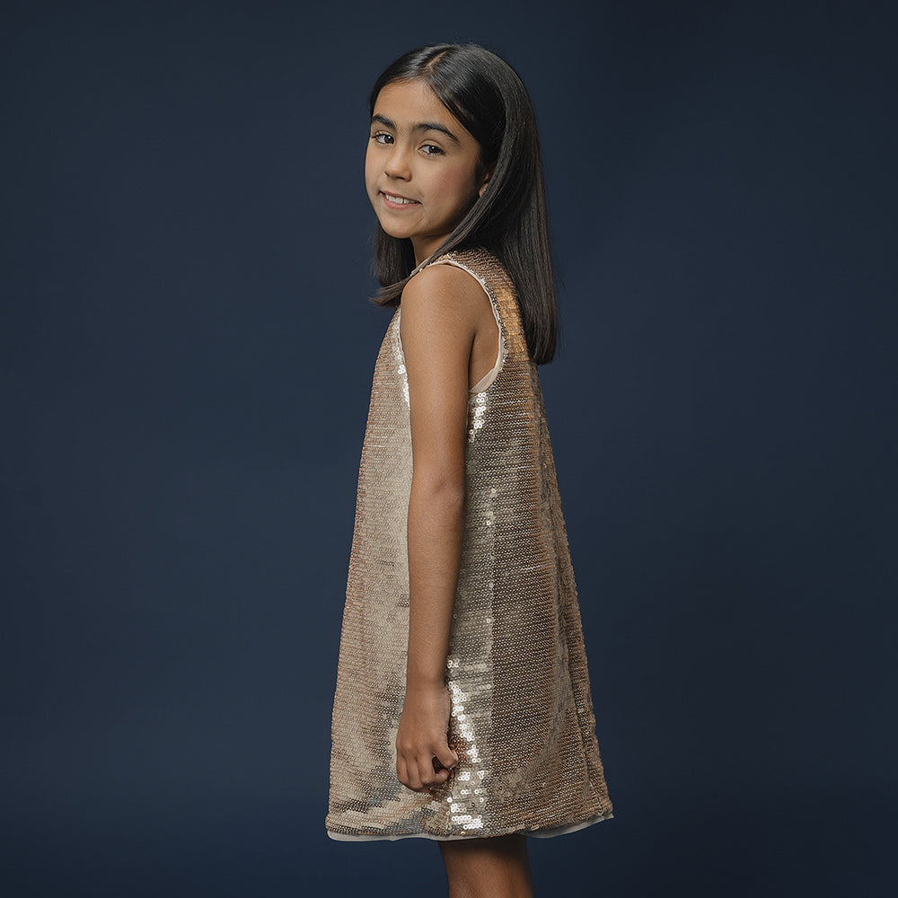 Vestido De Lentejuelas Doradas Para Niña