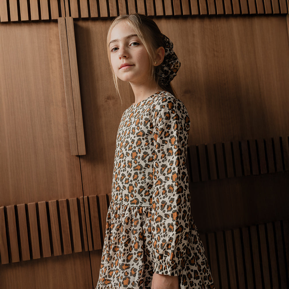 Vestido De Popelina Ligera Manga Larga Con Estampado De Leopardo Para Niña