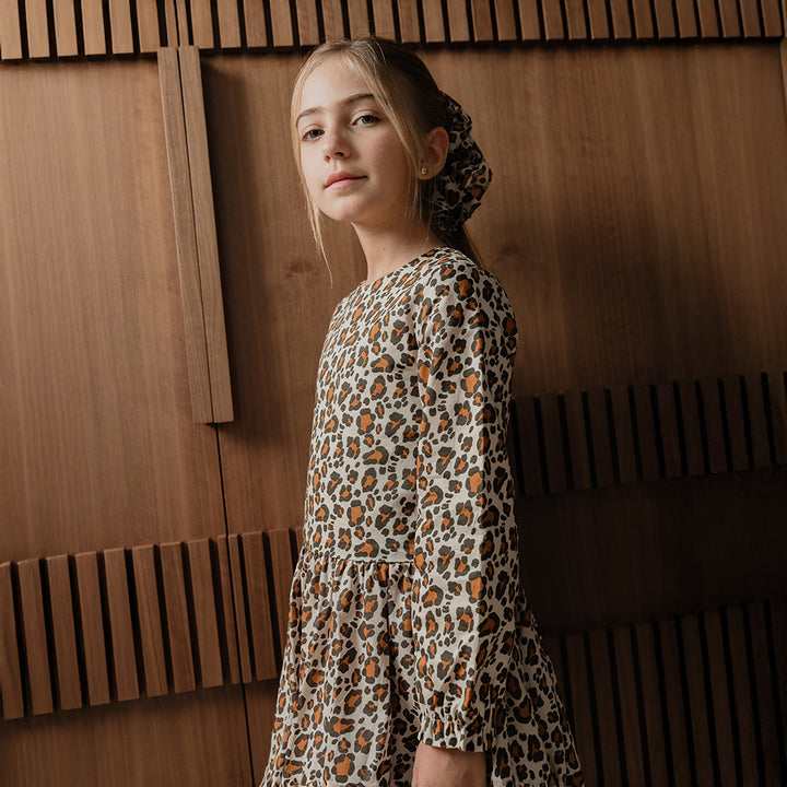 Vestido De Popelina Ligera Manga Larga Con Estampado De Leopardo Para Niña