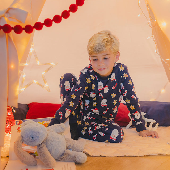 Pijama De Algodón Azul Marino Con Estampado Navideño Para Niño