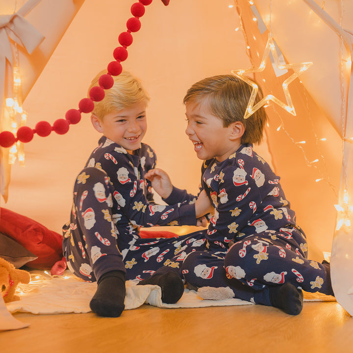 Pijama De Algodón Azul Marino Con Estampado Navideño Para Niño