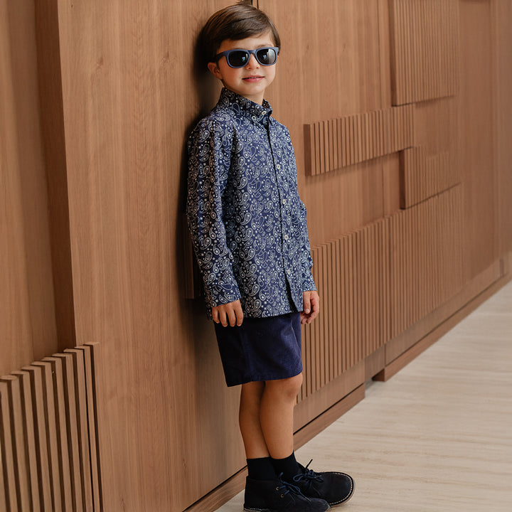 Short De Corduroy Azul Oscuro Con Elástico En La Cintura para Niño