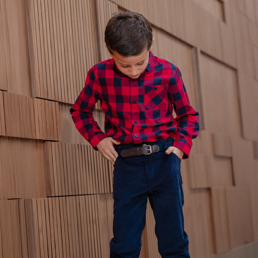 Camisa De Flannel Twill Con Estampado De Cuadros Vinotinto Y Azul Para Niño