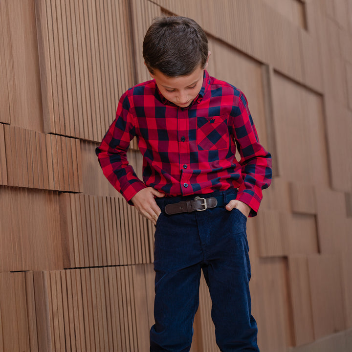 Camisa De Flannel Twill Con Estampado De Cuadros Vinotinto Y Azul Para Niño