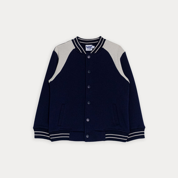 Chaqueta  De Tela Gruesa Azul Marino Con Detalles En Crema Para Niño