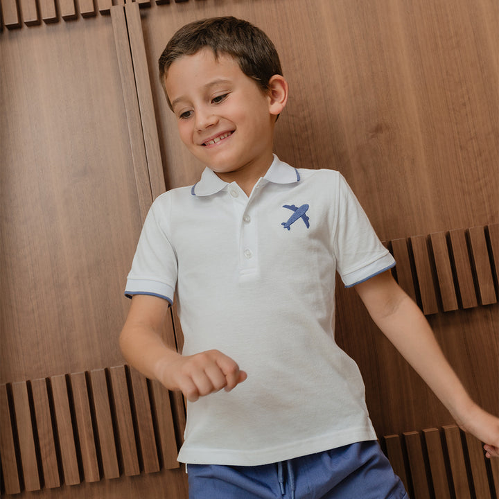 Chemise De Piqué Blanco Con Bordado De Avión Para Niño