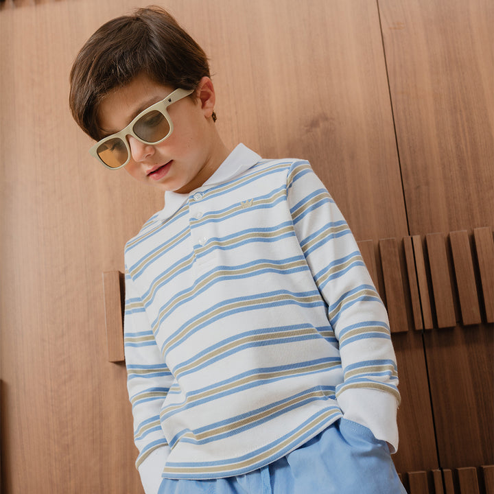 Chemise De Algodón Manga Larga Con Estampado De Rayas Azules Y Verdes Para Niño