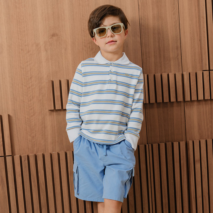 Chemise De Algodón Manga Larga Con Estampado De Rayas Azules Y Verdes Para Niño