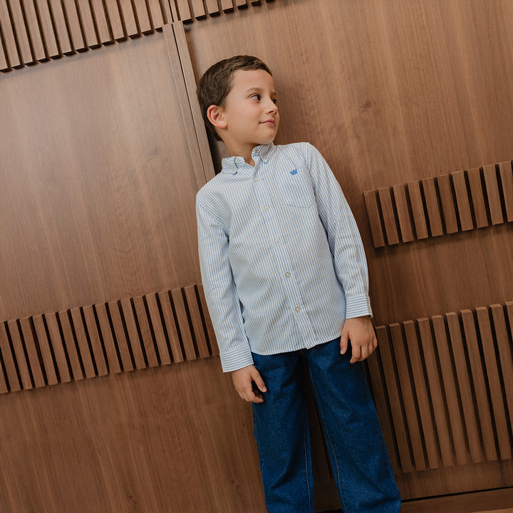 Camisa De Popelina Con Estampado De Rayas Azules Para Niño