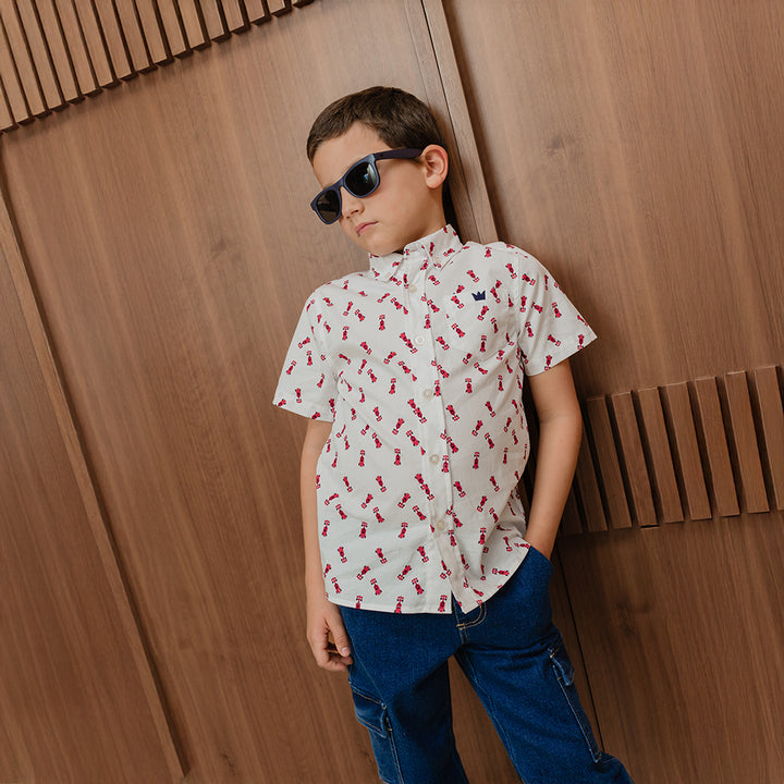 Camisa De Popelina Blanca Con Estampado De Carritos Para Niño