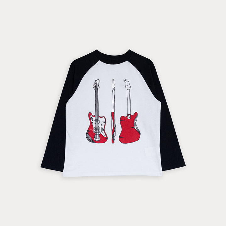 Franela De Algodón Blanco Y Mangas Largas En Negro Con Gráfico De Guitarras Para Niño Para Niño