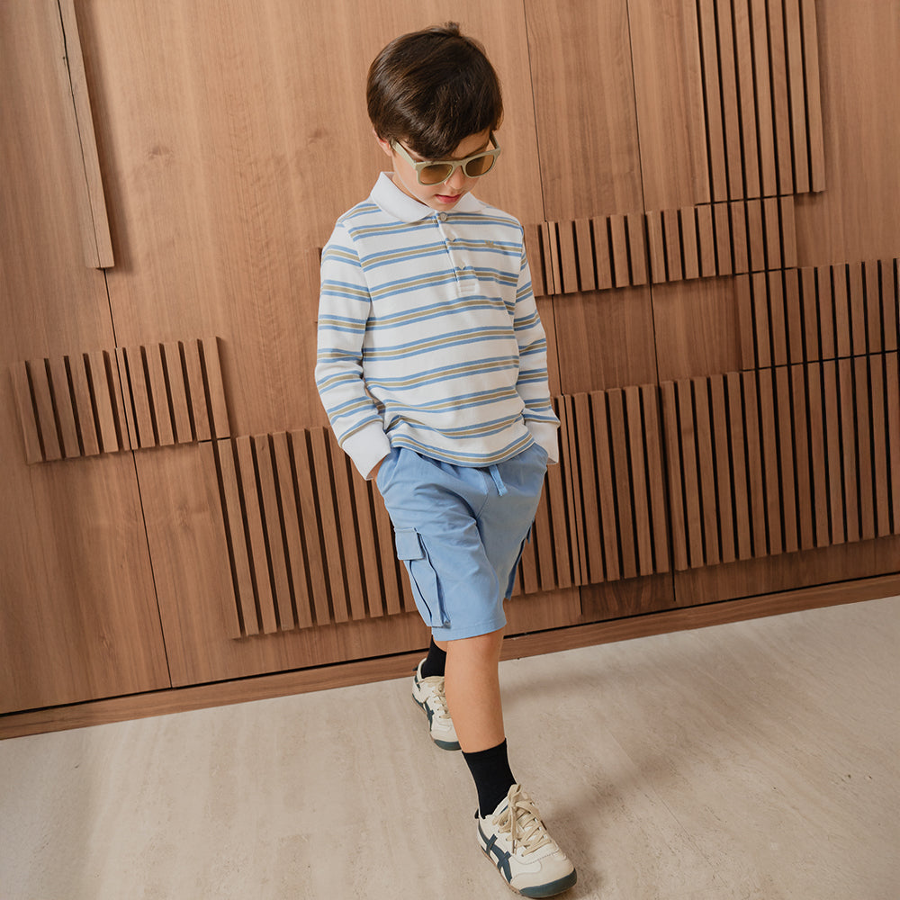 Chemise De Algodón Manga Larga Con Estampado De Rayas Azules Y Verdes Para Niño