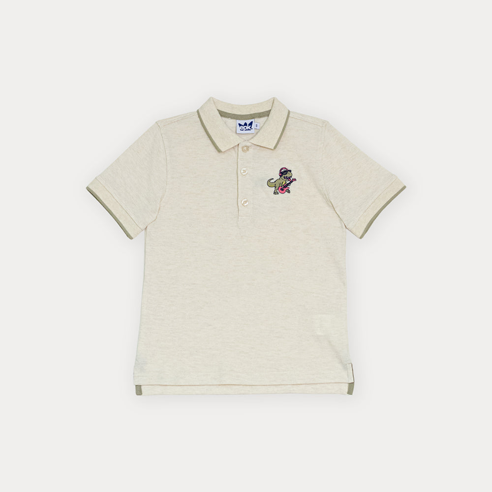 Chemise De Piqué Crema Con Bordado De Dinosaurio Para Niño