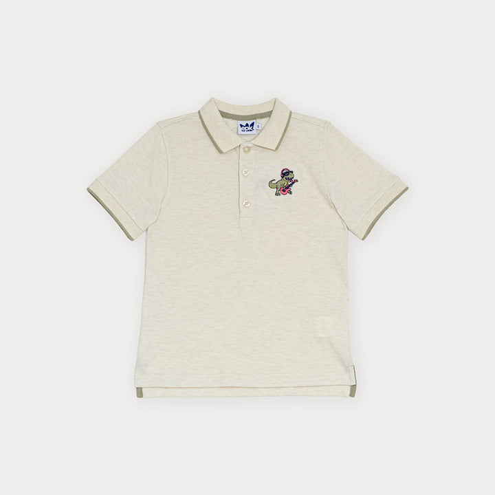 Chemise De Piqué Crema Con Bordado De Dinosaurio Para Niño