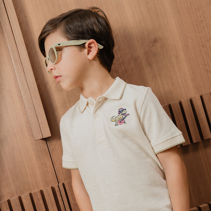 Chemise De Piqué Crema Con Bordado De Dinosaurio Para Niño