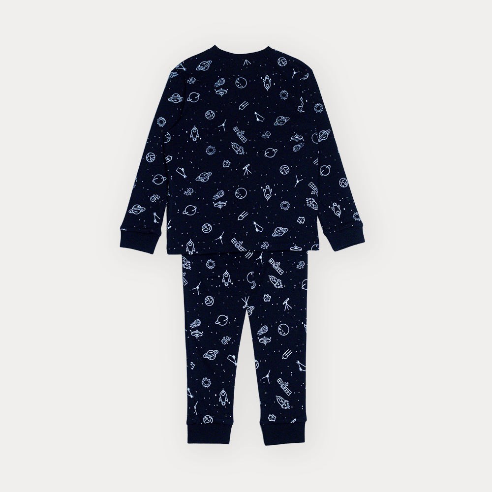 Pijama De Algodón Negro Con Estampado Espacial Que Brilla En La Oscuridad Para Niño