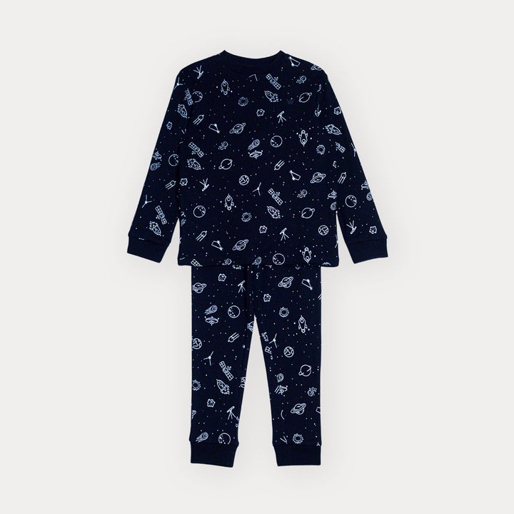 Pijama De Algodón Negro Con Estampado Espacial Que Brilla En La Oscuridad Para Niño