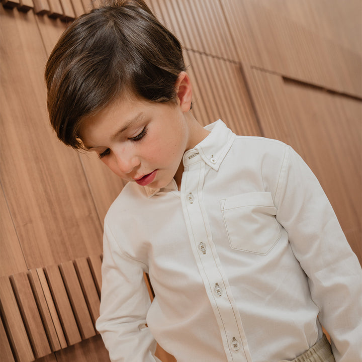 Camisa De Lino Crema Manga Larga Con Bolsillo Para Niño