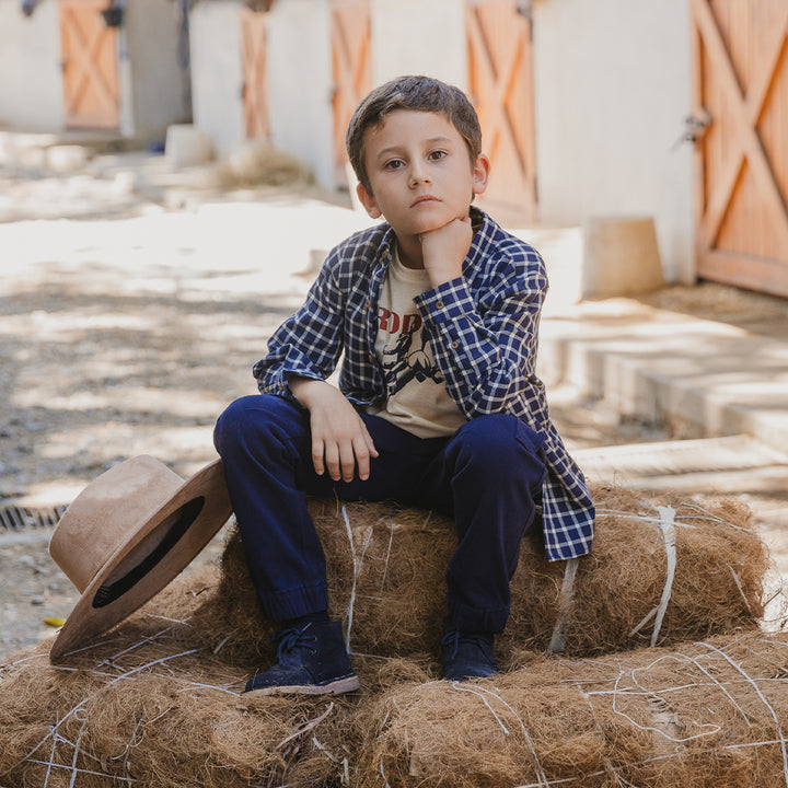 Camisa De Twill Manga Larga Con Estampado De Cuadros Azul Marino Y Crema Para Niño