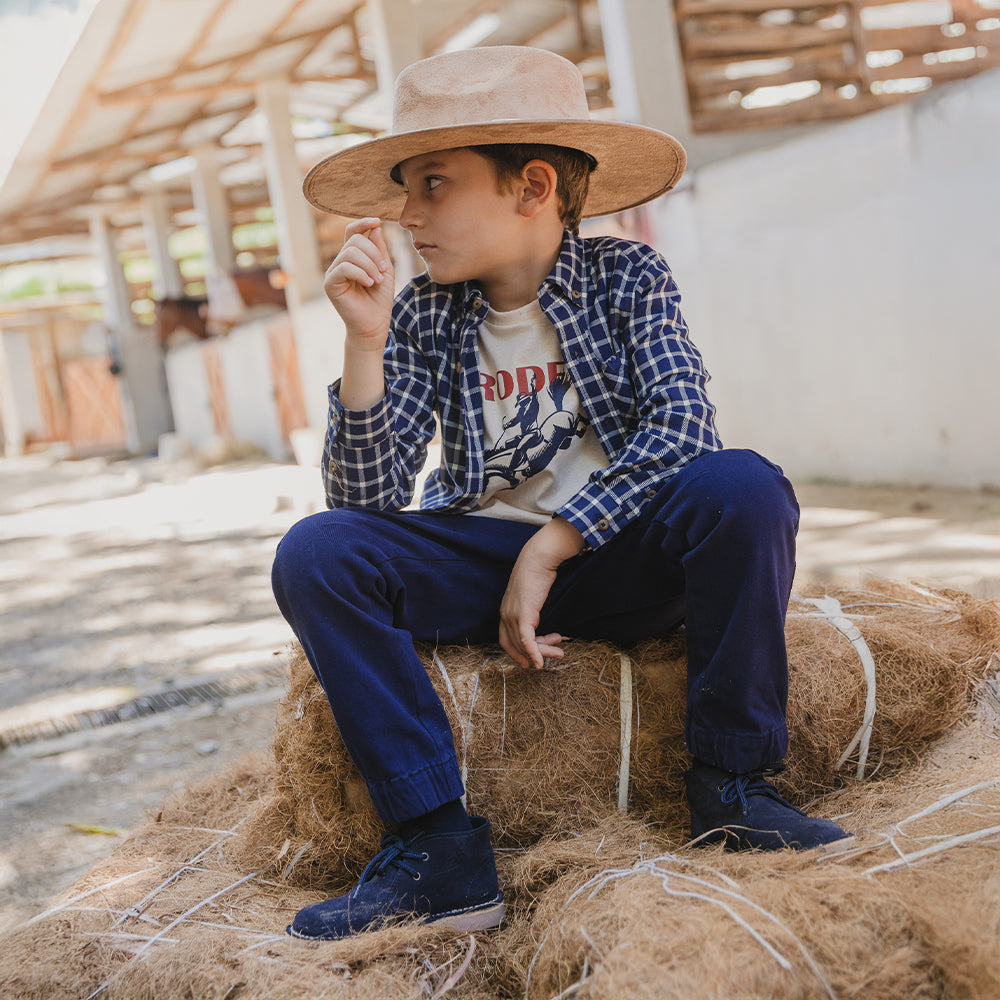 Camisa De Twill Manga Larga Con Estampado De Cuadros Azul Marino Y Crema Para Niño