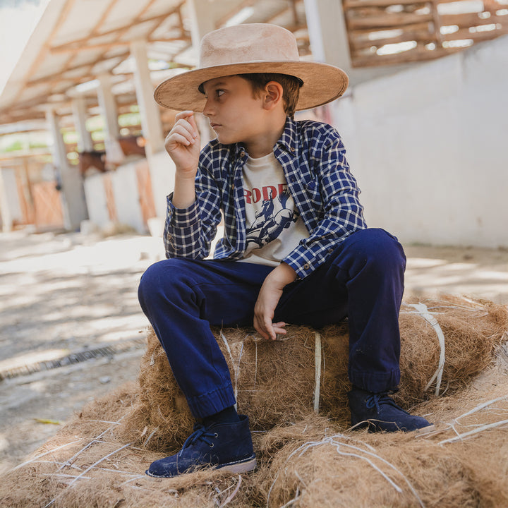 Camisa De Twill Manga Larga Con Estampado De Cuadros Azul Marino Y Crema Para Niño