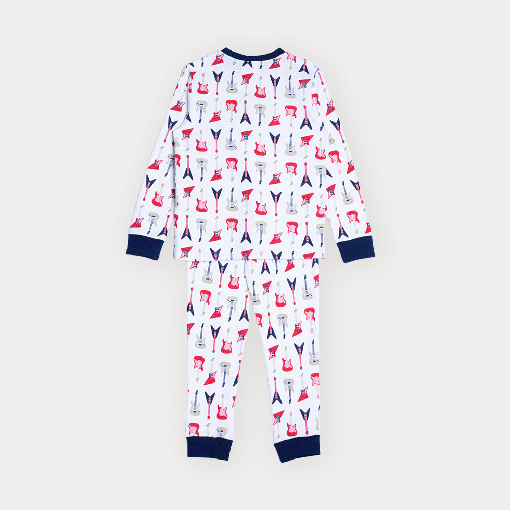 Pijama De Algodón Blanco Con Estamapado De Guitarras Para Niño