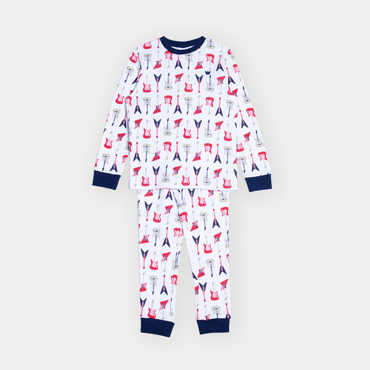 Pijama De Algodón Blanco Con Estamapado De Guitarras Para Niño