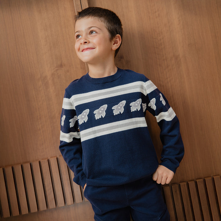 Suéter Tejido De Algodón Azul Marino Con Diseño De Cohetes Para Niño