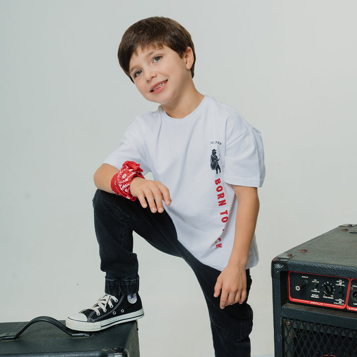 Franela De Algodón Blanco Con Gráfico De Guitarrista Para Niño